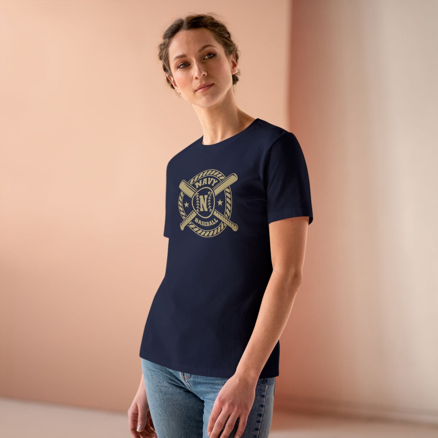 Navy Baseball Circular Logo - Women's Cotton Tee