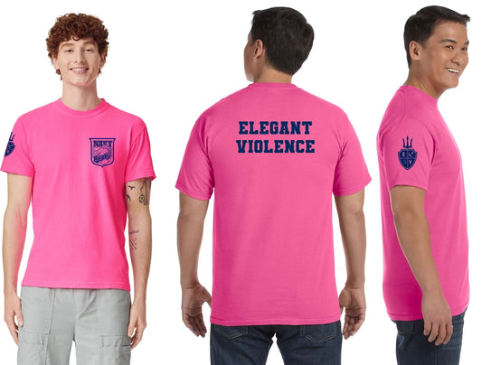 Navy Crest Elegant Violence T-Shirt Pink / Navy - Relaxed Fit (Comfort Colors)